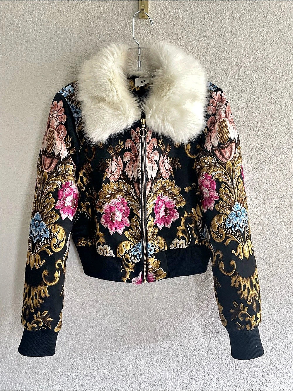 LPA Jacket 618 in Floral Jacquard Bomber Black & Pink Small
